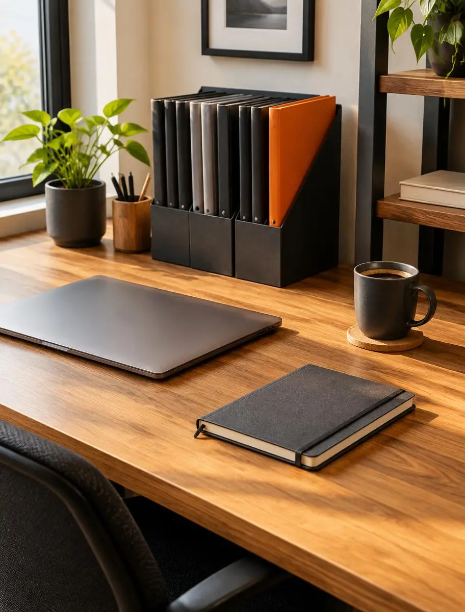 A tidy desk with organized folders, a laptop, a notebook and a coffee mug