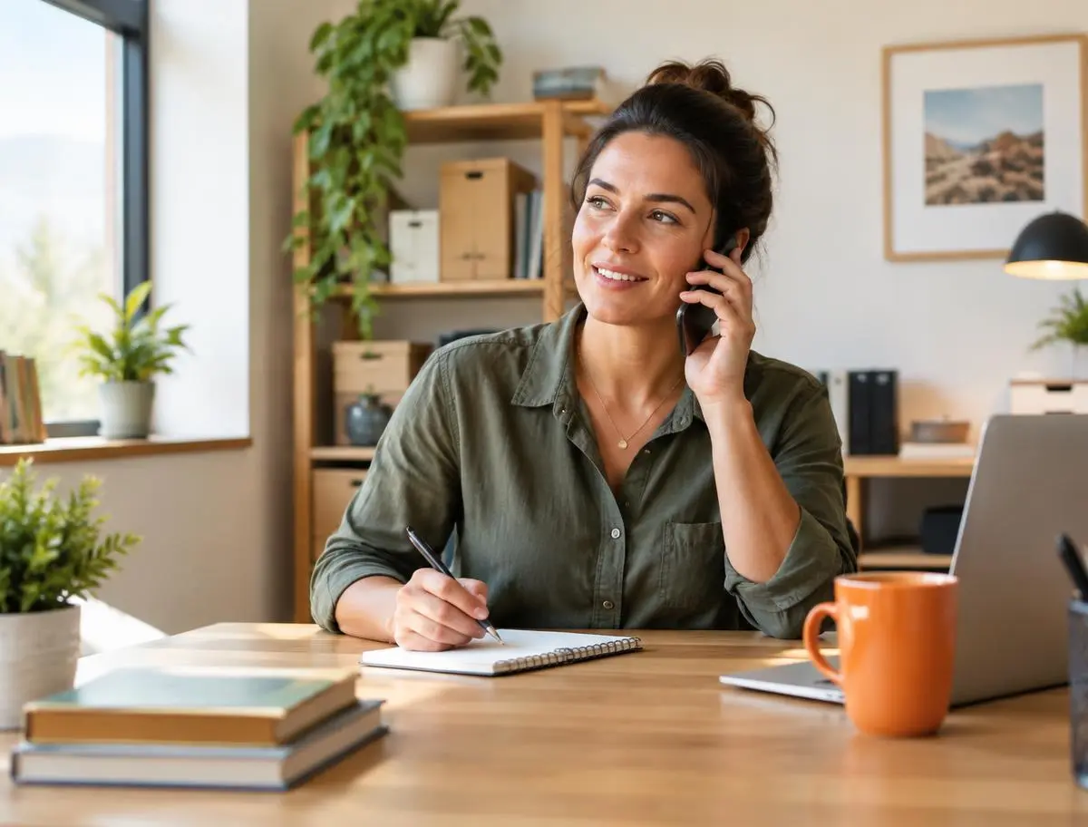 A business owner on a phone call at her desk