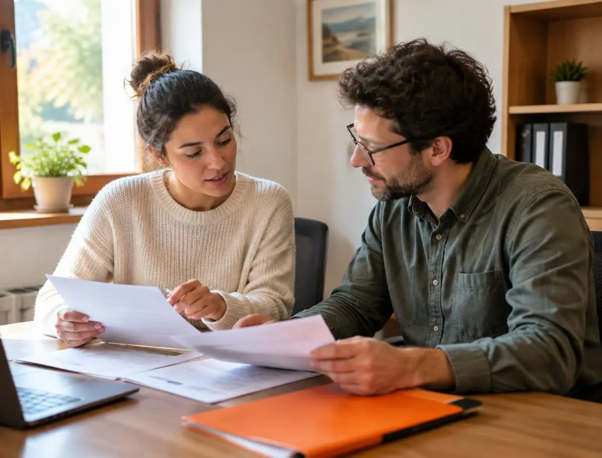 Two people reviewing papers together at a table