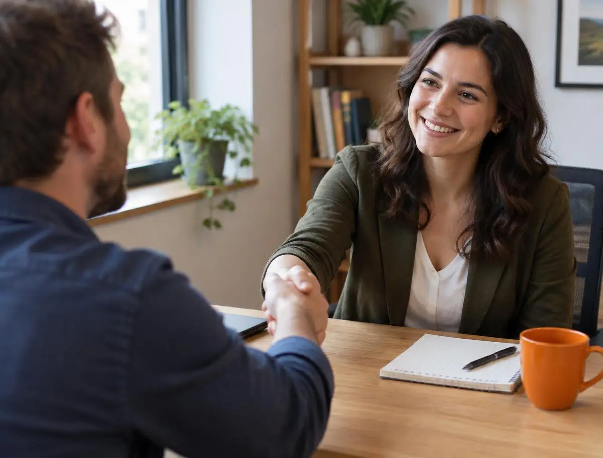 A handshake across a wooden desk