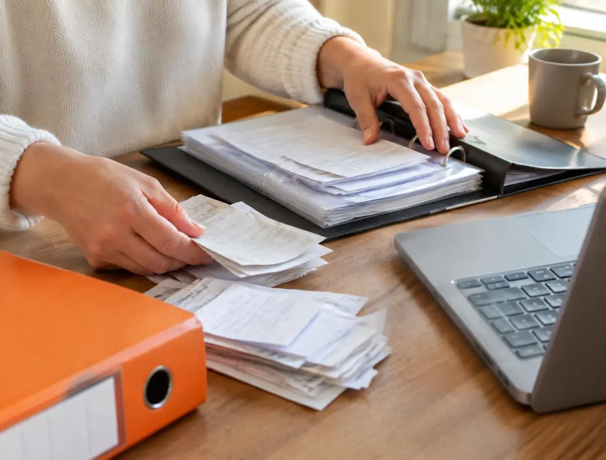 Hands organizing paper receipts and a binder beside a laptop