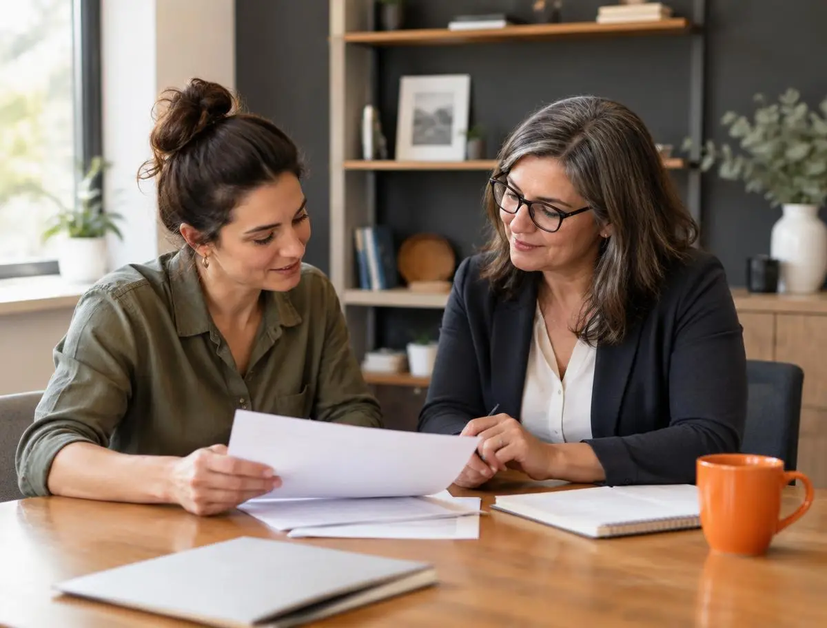 A business owner and an advisor reviewing documents at a wooden table